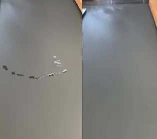 Avant/après éclaboussures de gras essuyé au produit vaisselle laissse un plan de travail impeccable