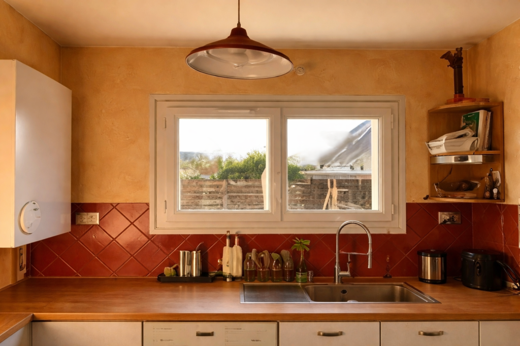 crédence cuisine repeinte peinture carrelage rouge résultat durable