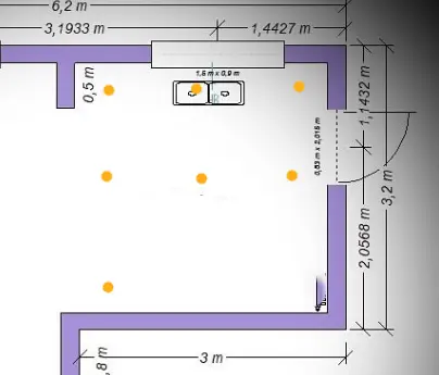 Grille de positionnement des spots dans une cuisine de 9m2
