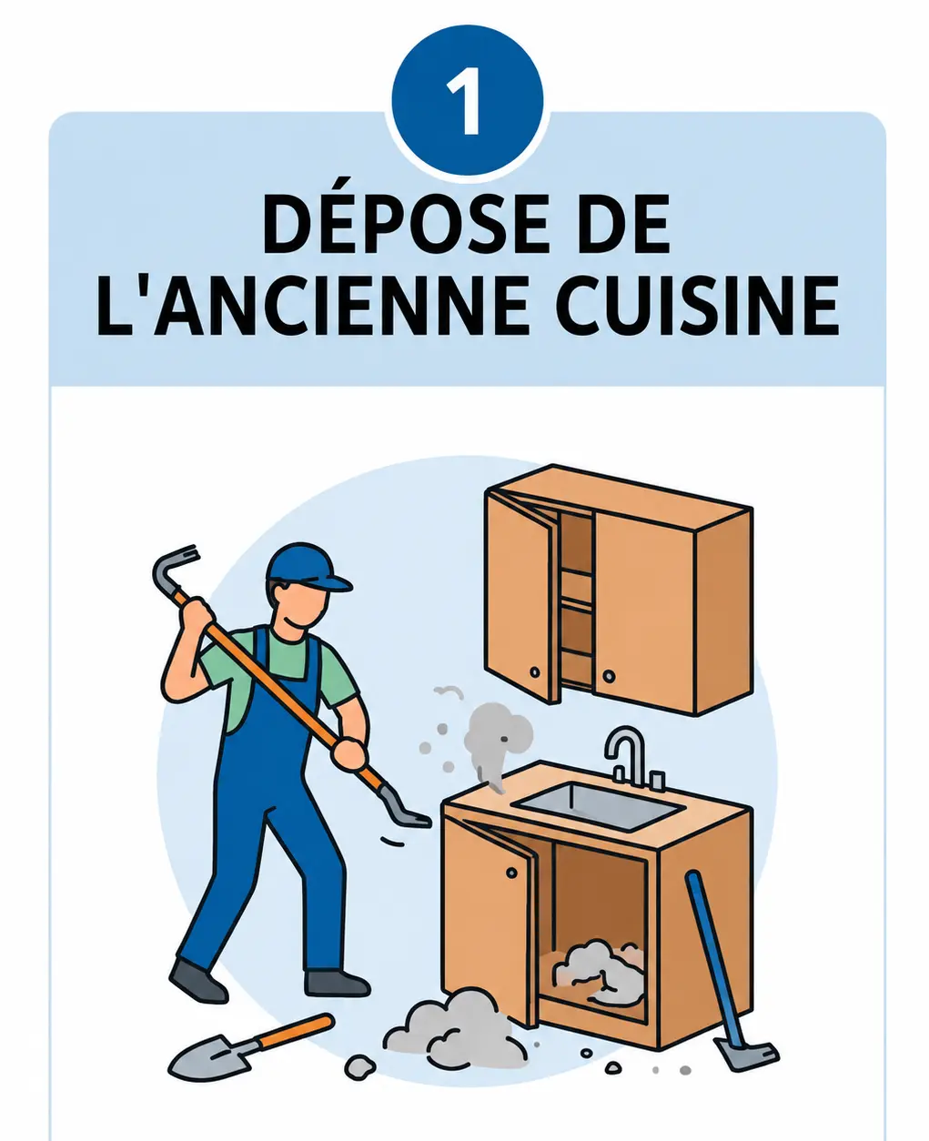 Étape 1 : dépose de l'ancienne cuisine, meubles et évier retirés avant travaux